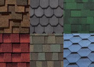 multiple colors and shapes of asphalt roofing shingles